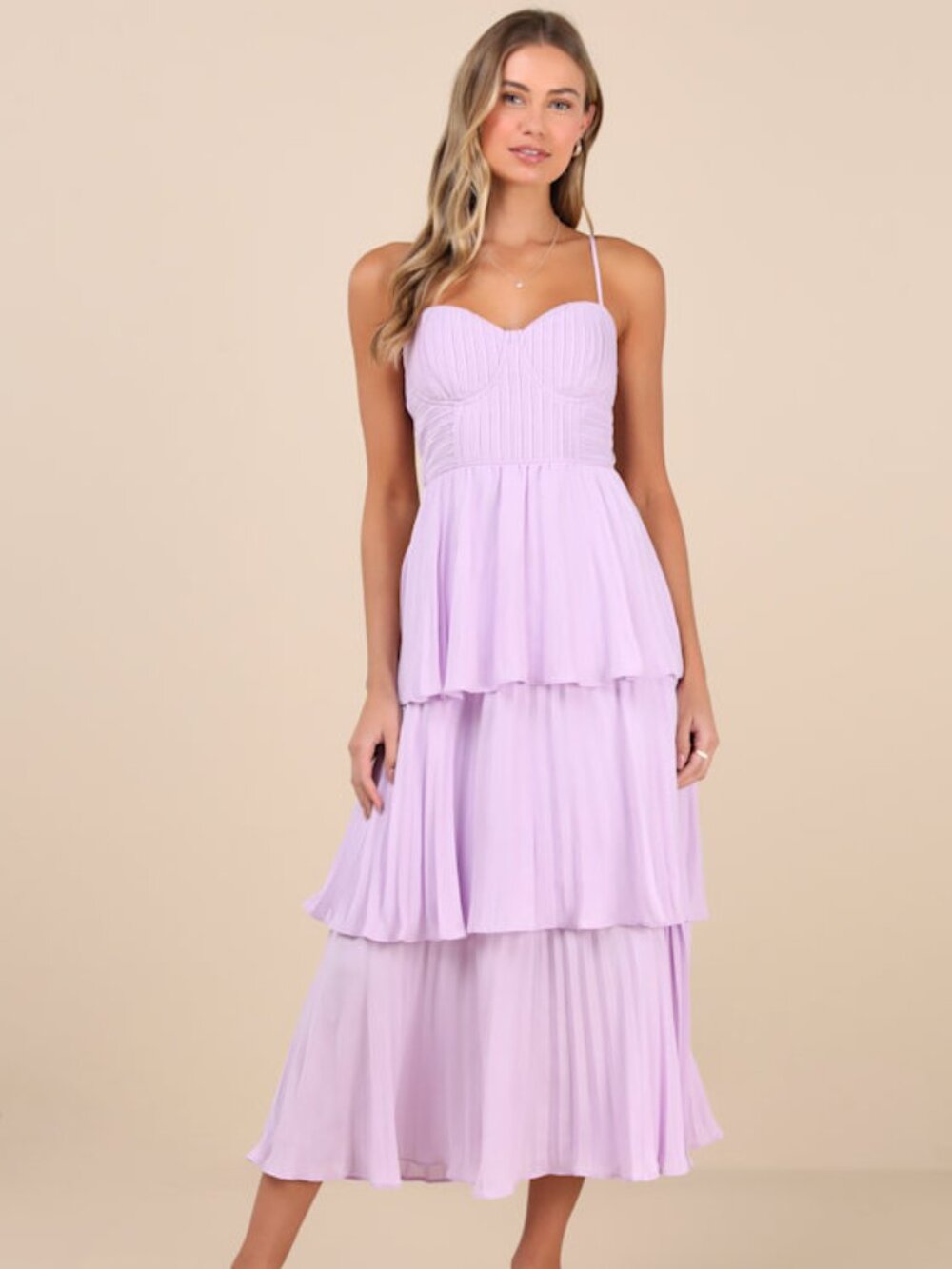 Lulus Cascading Crush Lavender Tiered Bustier Midi Dress Purple - Size S
